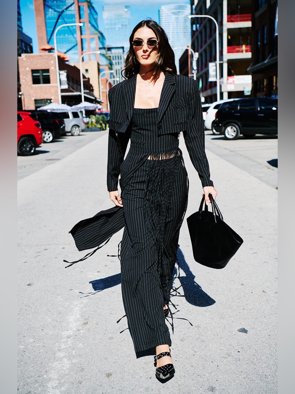 AKIRA Pinstripe Two-Piece Crop Jacket & Shirt & pant set in black